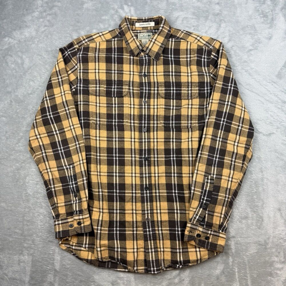 L.L.Bean Men’s Medium Slightly Fitted Flannel Shirt Yellow Brown Plaid Cotton